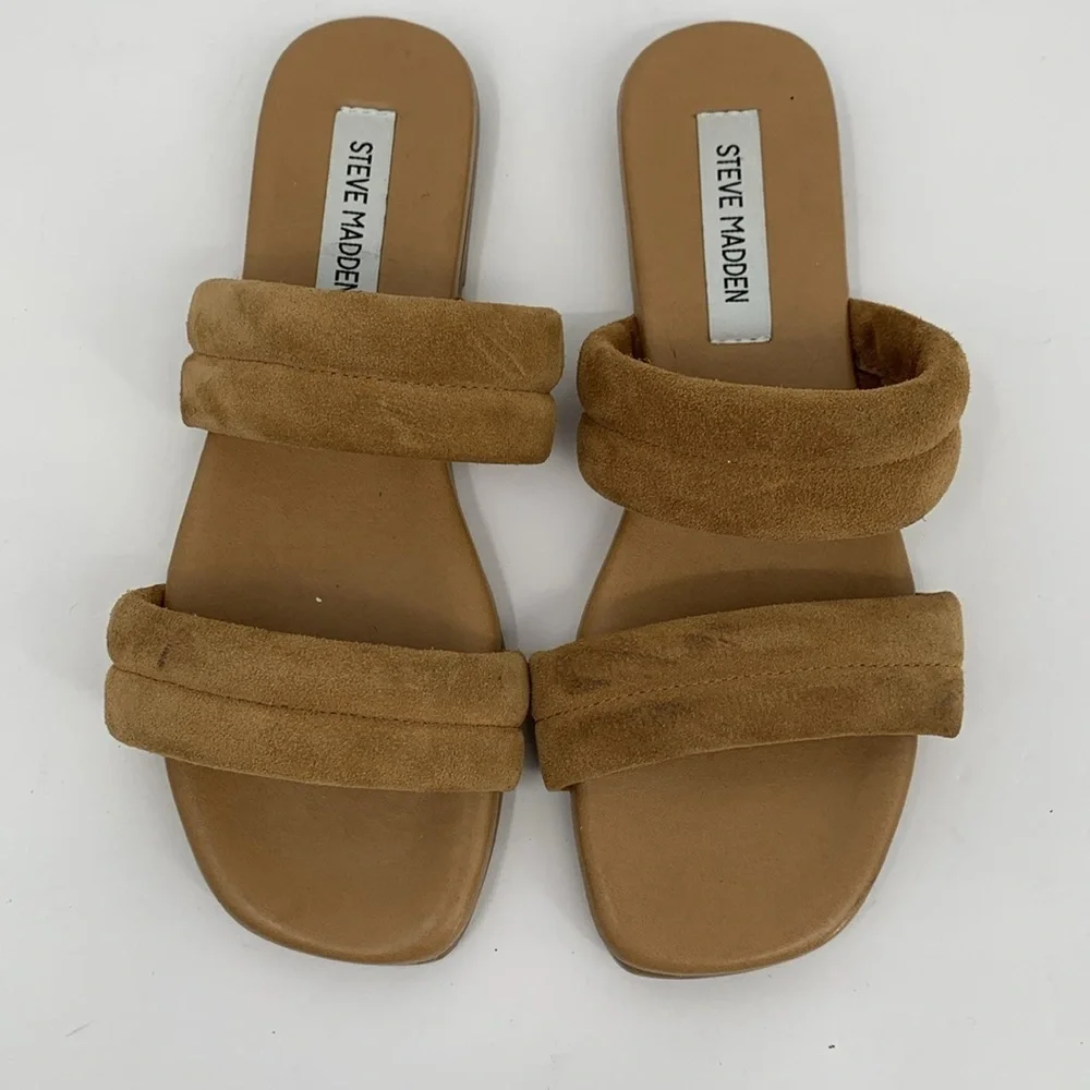 Steve Madden Wizen double strap slide sandal shoe flat brown suede mule puffy 9